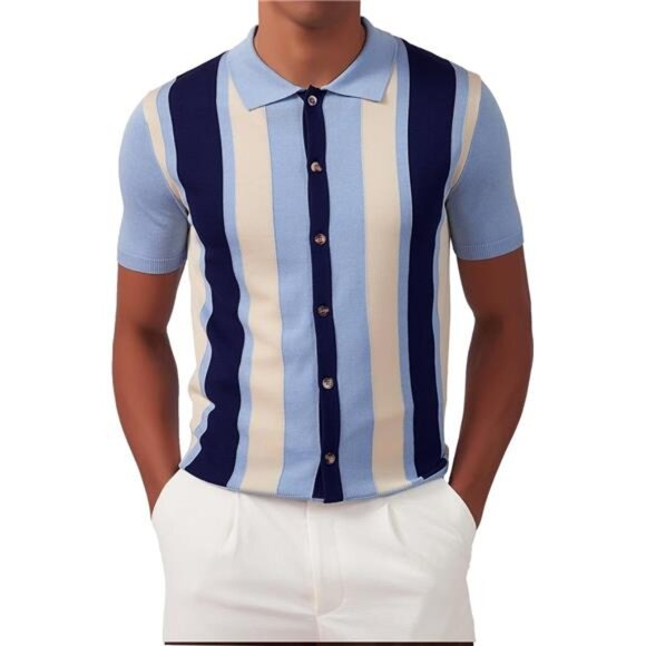 Men's Vintage Knit Polo Shirt Short Sleeve Sky Blue